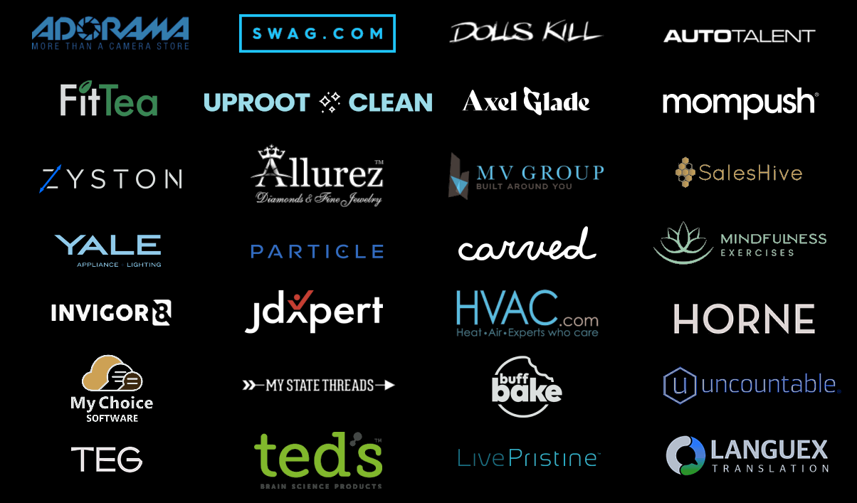 A grid of past Prodigal Solutions clients including Adorama, Swag.com, Dolls Kill, AutoTalent, FitTea, Uproot Clean, Axel Glade, Mompush, Zyston, Allurez, MV Group, SalesHive, Yale, Particle, Carved, Mindfulness Exercises, Invigor8, jdXpert, HVAC.com, Horne, My Choice Software, My State Threads, Buff Bake, Uncountable, TEG, Ted's Brain Science Products, LivePristine, and Languex Translation